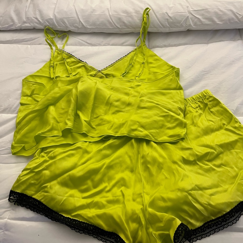 Victoria's Secret Lime Satin Pajama Set with Black Lace